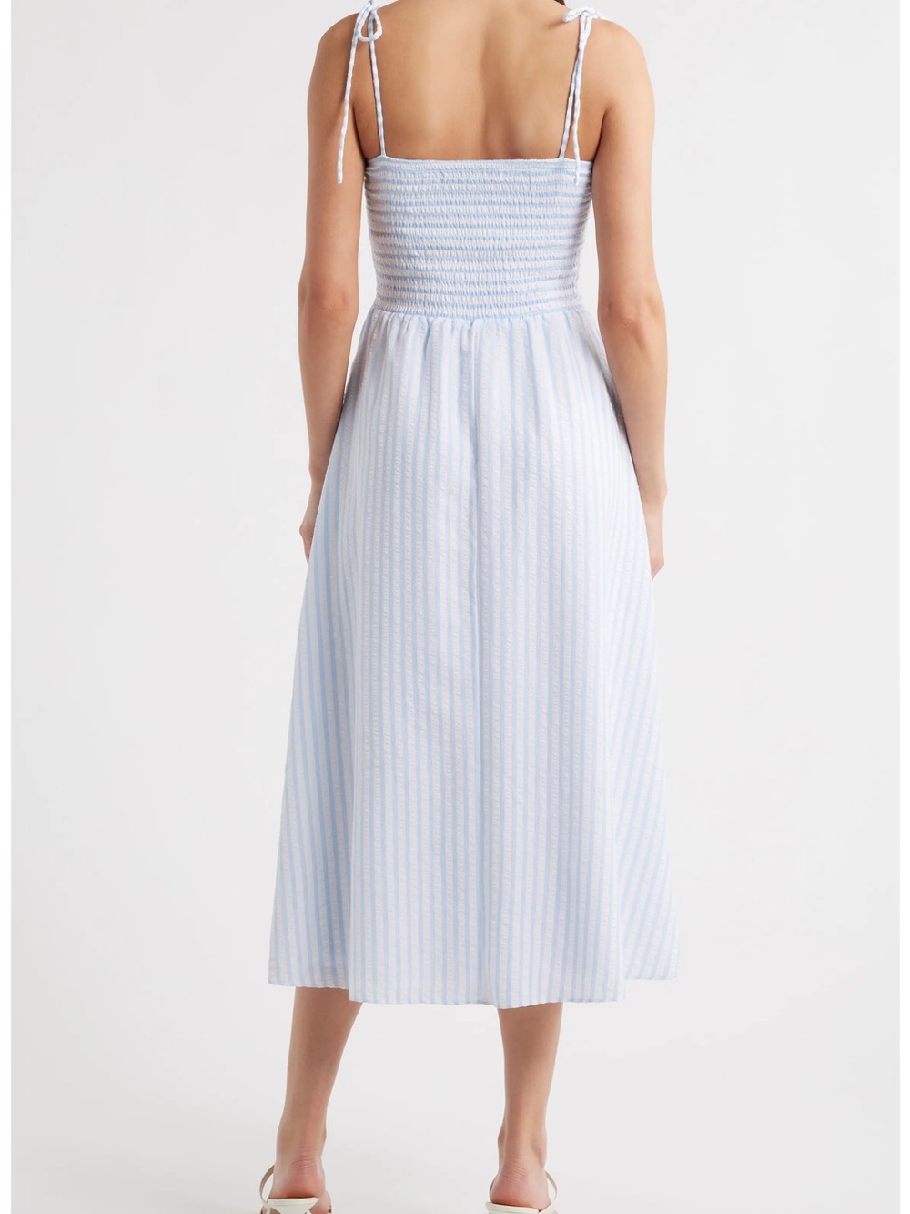 Julia Jordan Seersucker Light Blue & White Striped Smocked Midi Dress - Picture 2 of 6